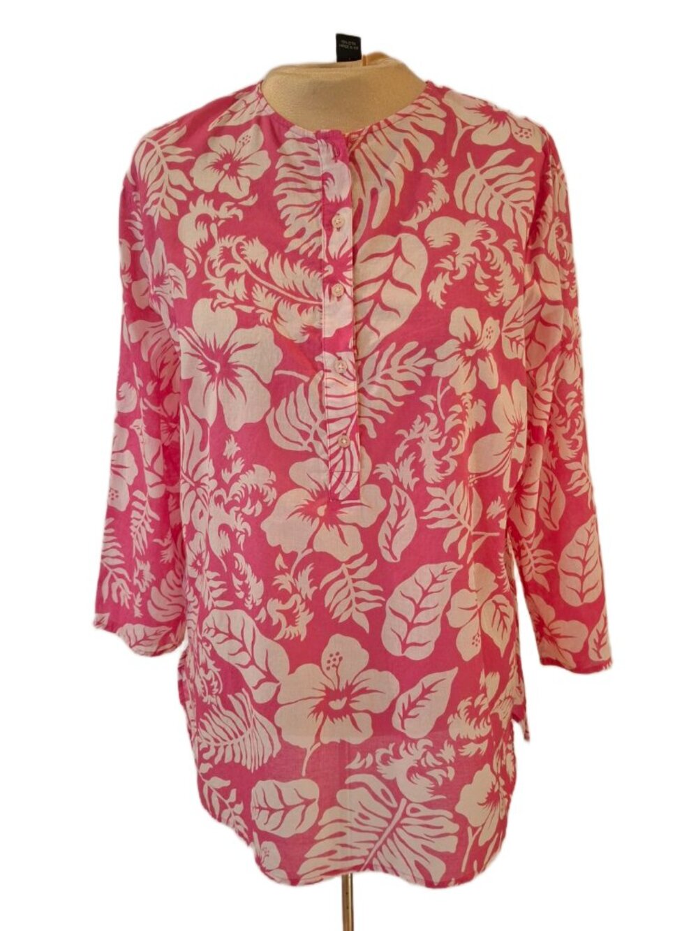 Ralph Lauren Cotton Pink White Tropical Floral Tunic Boho Resort Blouse M/L